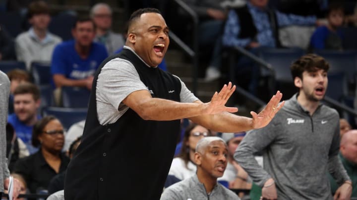 Feb 11, 2024; Memphis, Tennessee, USA; Tulane Green Wave head coach Ron Hunter reacts during the first half against the Memphis Tigers at FedExForum. 