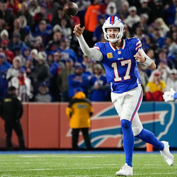 Buffalo Bills quarterback Josh Allen throws the ball in the second half against the Kansas City Chiefs at Highmark Stadium.