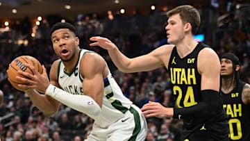 Jan 8, 2024; Milwaukee, Wisconsin, USA;  Milwaukee Bucks forward Giannis Antetokounmpo (34) looks for a shot against Utah Jazz center Walker Kessler (24) in the fourth quarter at Fiserv Forum. Mandatory Credit: Benny Sieu-Imagn Images