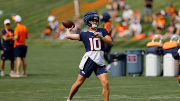 Jul 26, 2024; Englewood, CO, USA; Denver Broncos quarterback Bo Nix (10) during training camp at Broncos Park Powered by CommonSpirit. Mandatory Credit: Isaiah J. Downing-USA TODAY Sports