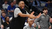 Feb 11, 2024; Memphis, Tennessee, USA; Tulane Green Wave head coach Ron Hunter reacts during the first half against the Memphis Tigers at FedExForum.