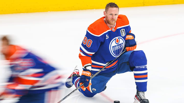 Jun 14, 2025; Edmonton, Alberta, CAN; Edmonton Oilers right wing Corey Perry (90) during the warmup period against the Florida Panthers in game five of the 2025 Stanley Cup Final at Rogers Place. Mandatory Credit: Sergei Belski-Imagn Images