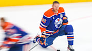 Jun 14, 2025; Edmonton, Alberta, CAN; Edmonton Oilers right wing Corey Perry (90) during the warmup period against the Florida Panthers in game five of the 2025 Stanley Cup Final at Rogers Place. Mandatory Credit: Sergei Belski-Imagn Images