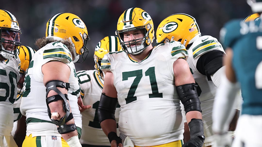 Jan 12, 2025; Philadelphia, Pennsylvania, USA; Green Bay Packers center Josh Myers (71) in a game against the Philadelphia Eagles in an NFC wild card game at Lincoln Financial Field. Mandatory Credit: Bill Streicher-Imagn Images