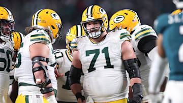 Jan 12, 2025; Philadelphia, Pennsylvania, USA; Green Bay Packers center Josh Myers (71) in a game against the Philadelphia Eagles in an NFC wild card game at Lincoln Financial Field. Mandatory Credit: Bill Streicher-Imagn Images