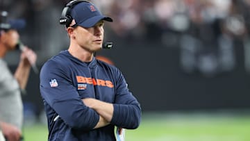 Chicago Bears head coach Ben Johnson looks on from the sideline during the second half against the Las Vegas Raiders at Allegiant Stadium.