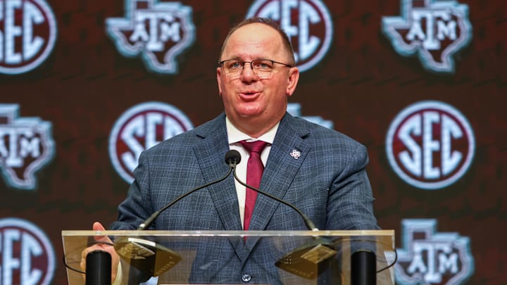 Jul 17, 2025; Atlanta, GA, USA; Texas A&M Aggies head coach Mike Elko talks to the media during the SEC Media Days at Omni Atlanta Hotel. Mandatory Credit: Jordan Godfree-Imagn Images