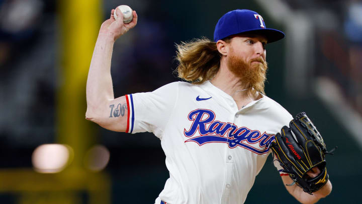 Jul 23, 2024; Arlington, Texas, USA; Texas Rangers pitcher Jon Gray (22) throws in the sixth inning against the Chicago White Sox at Globe Life Field. Mandatory Credit: Andrew Dieb-USA TODAY Sports