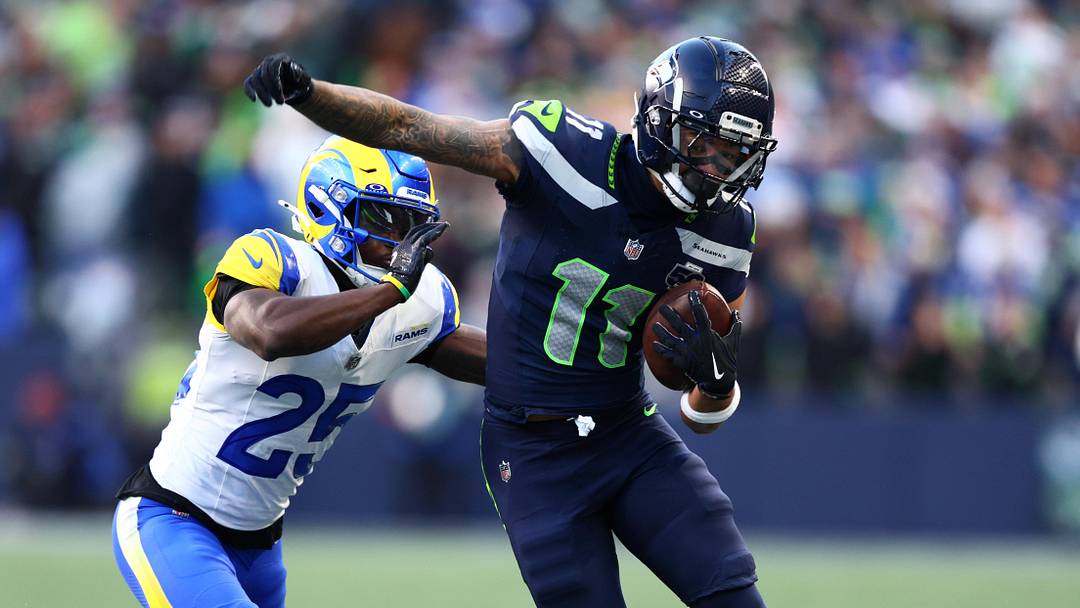 Seattle Seahawks wide receiver Jaxon Smith-Njigba runs against Los Angeles Rams cornerback Roger McCreary. Seattle Seahawks wide receiver Jaxon Smith-Njigba runs against Los Angeles Rams cornerback Roger McCreary.
