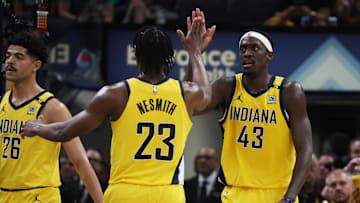 May 25, 2024; Indianapolis, Indiana, USA; Indiana Pacers forward Pascal Siakam (43) celebrates with forward Aaron Nesmith (23) during the third quarter of game three of the eastern conference finals against the Boston Celtics in the 2024 NBA playoffs at Gainbridge Fieldhouse. Mandatory Credit: Trevor Ruszkowski-Imagn Images