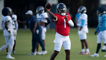 Tennessee Titans quarterback Cam Ward (1) throws during training camp at Ascension Saint Thomas Sports Park in Nashville, Tenn., Wednesday, July 30, 2025.