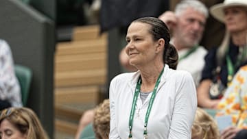 Jul 9, 2024; London, United Kingdom; Former player and TV Commentator, Pam Shriver in attendance as coach for Donna Vekic of Croatia (not shown) during her match against Lulu Sun of New Zealand (not shown) on day nine of The Championships at All England Lawn Tennis and Croquet Club. 
