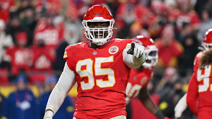Dec 7, 2025; Kansas City, Missouri, USA; Kansas City Chiefs defensive tackle Chris Jones (95) celebrates after a play during the third quarter against the Houston Texans at GEHA Field at Arrowhead Stadium. Mandatory Credit: Amy Kontras-Imagn Images