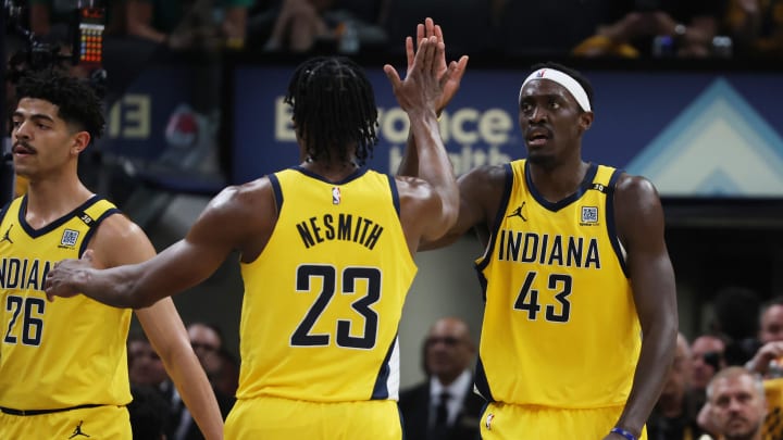 May 25, 2024; Indianapolis, Indiana, USA; Indiana Pacers forward Pascal Siakam (43) celebrates with forward Aaron Nesmith (23) during the third quarter of game three of the eastern conference finals against the Boston Celtics in the 2024 NBA playoffs at Gainbridge Fieldhouse. Mandatory Credit: Trevor Ruszkowski-USA TODAY Sports