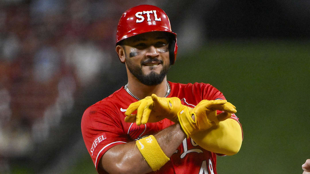 Sep 19, 2025; St. Louis, Missouri, USA;  St. Louis Cardinals designated hitter Ivan Herrera (48) reacts after hitting a single against the Milwaukee Brewers during the fifth inning at Busch Stadium. Mandatory Credit: Jeff Curry-Imagn Images