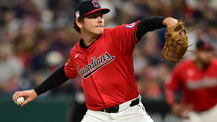 Jul 20, 2024; Cleveland, Ohio, USA; Cleveland Guardians relief pitcher Spencer Howard (54) throws a pitch during the eighth inning against the San Diego Padres at Progressive Field. Mandatory Credit: Ken Blaze-USA TODAY Sports