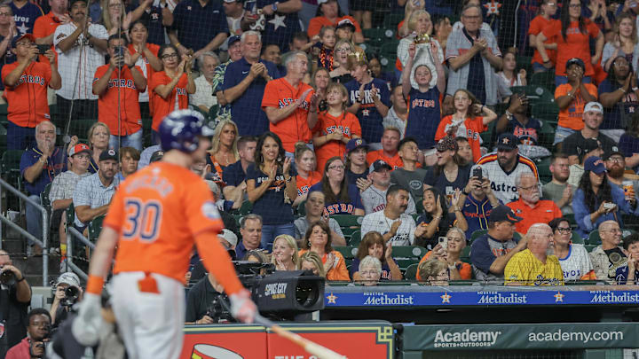 Sep 6, 2024; Houston, Texas, USA;  Houston Astros designated hitter Kyle Tucker (30) gets a standing ovation before his bat against the Arizona Diamondbacks in the first inning at Minute Maid Park.