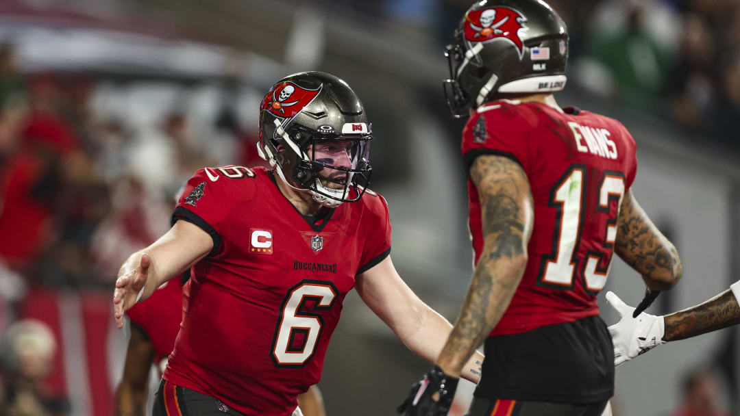 Baker Mayfield and Mike Evans embracing as they look to lead Tampa past their 7.5 win total in 2024