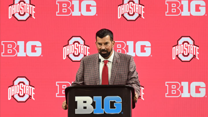 Jul 23, 2024; Indianapolis, IN, USA; Ohio State Buckeyes head coach Ryan Day speaks to the media during the Big 10 football media day at Lucas Oil Stadium. Mandatory Credit: Robert Goddin-USA TODAY Sports