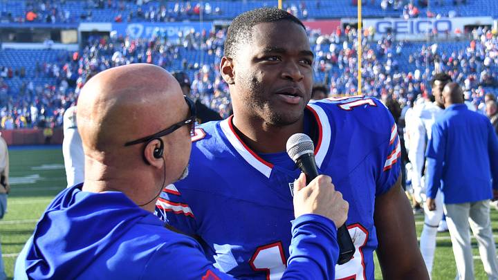 Oct 20, 2024; Orchard Park, New York, USA; Buffalo Bills wide receiver Amari Cooper (18)is interviewed after a game Tennessee Titans at Highmark Stadium. Mandatory Credit: Mark Konezny-Imagn Images