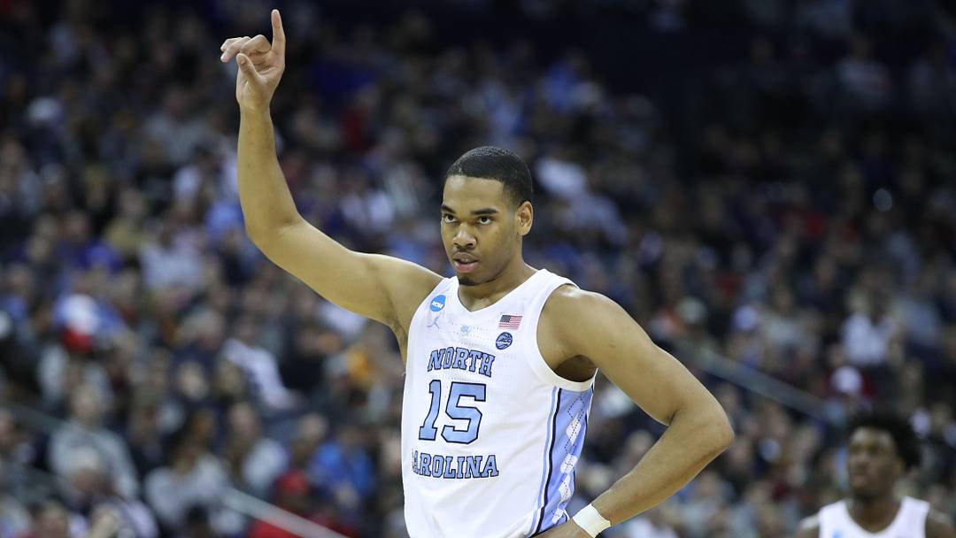 Mar 22, 2019; Columbus, OH, USA; North Carolina Tar Heels forward Garrison Brooks (15) reacts to play in the first half against the Iona Gaels in the first round of the 2019 NCAA Tournament at Nationwide Arena. Mandatory Credit: Kevin Jairaj-USA TODAY Sports