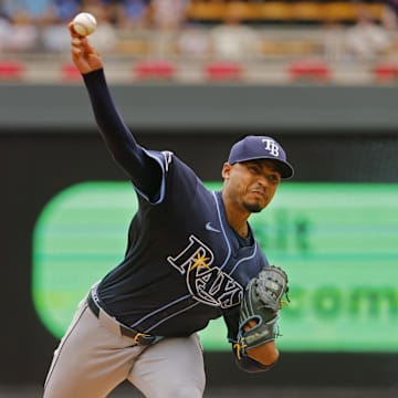 Jul 5, 2025; Minneapolis, Minnesota, USA; Tampa Bay Rays starting pitcher Taj Bradley (45) throws to the Minnesota Twins in the first inning at Target Field.