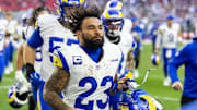 Dec 7, 2025; Glendale, Arizona, USA; Los Angeles Rams running back Kyren Williams (23) against the Arizona Cardinals at State Farm Stadium. Mandatory Credit: Mark J. Rebilas-Imagn Images