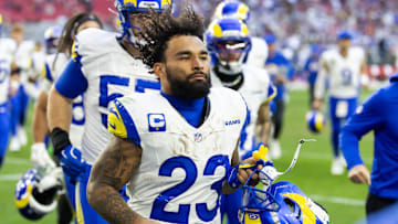 Dec 7, 2025; Glendale, Arizona, USA; Los Angeles Rams running back Kyren Williams (23) against the Arizona Cardinals at State Farm Stadium. Mandatory Credit: Mark J. Rebilas-Imagn Images