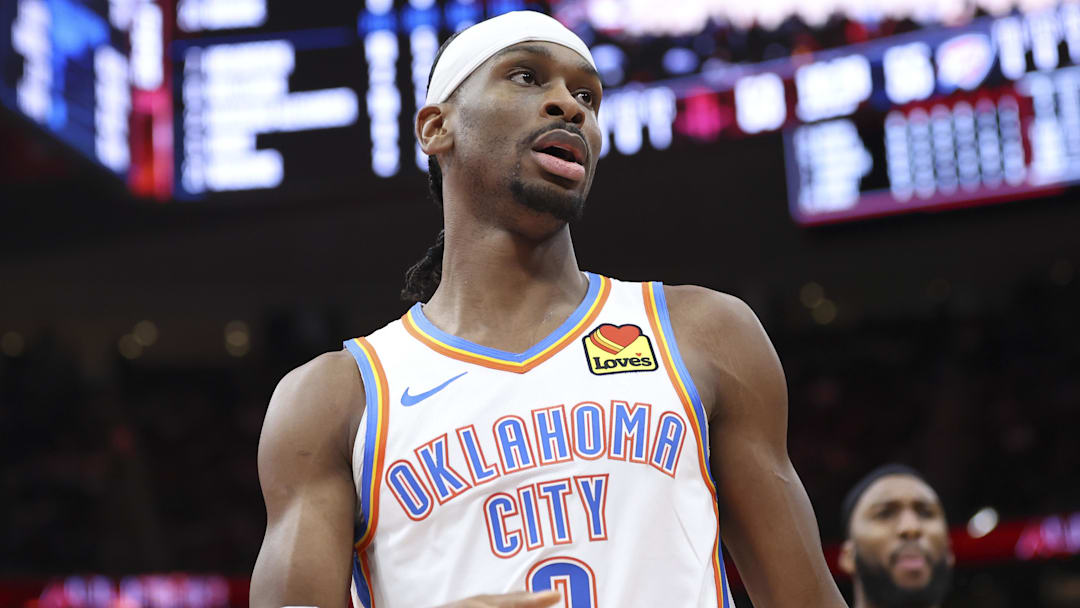Jan 15, 2026; Houston, Texas, USA; Oklahoma City Thunder guard Shai Gilgeous-Alexander (2) reacts after a play during the third quarter against the Houston Rockets at Toyota Center. Mandatory Credit: Troy Taormina-Imagn Images Jan 15, 2026; Houston, Texas, USA; Oklahoma City Thunder guard Shai Gilgeous-Alexander (2) reacts after a play during the third quarter against the Houston Rockets at Toyota Center. Mandatory Credit: Troy Taormina-Imagn Images