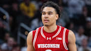 Mar 15, 2025; Indianapolis, IN, USA; Wisconsin Badgers guard John Tonje (9) in the second half  against the Michigan State Spartans at Gainbridge Fieldhouse.