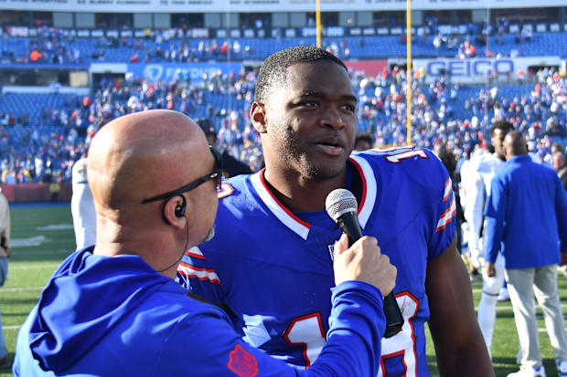 Buffalo Bills wide receiver Amari Cooper is interviewed after a game Tennessee Titans.