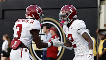 Oct 5, 2024; Nashville, Tennessee, USA;  Alabama Crimson Tide wide receiver Emmanuel Henderson Jr. (3) and wide receiver Ryan Williams (2) celebrate after a touchdown against the Vanderbilt Commodores during the second half at FirstBank Stadium. Mandatory Credit: Butch Dill-Imagn Images
