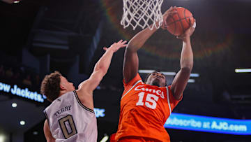 Mar 4, 2025; Atlanta, Georgia, USA; Miami Hurricanes forward Kiree Huie (15) shoots against the Georgia Tech Yellow Jackets in the first half at McCamish Pavilion. Mandatory Credit: Brett Davis-Imagn Images
