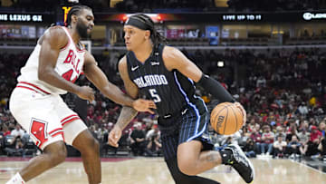 Oct 30, 2024; Chicago, Illinois, USA; Chicago Bulls forward Patrick Williams (44) defends Orlando Magic forward Paolo Banchero (5) during the second half at United Center. Mandatory Credit: David Banks-Imagn Images