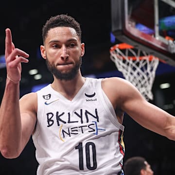 Feb 7, 2023; Brooklyn, New York, USA; Brooklyn Nets guard Ben Simmons (10) reacts after a basket against the Phoenix Suns during the first half at Barclays Center. Mandatory Credit: Vincent Carchietta-Imagn Images