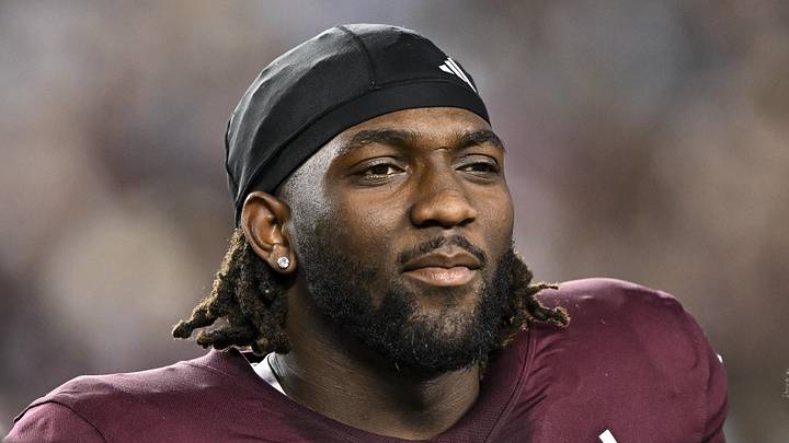 Nov 16, 2024; College Station, Texas, USA; Texas A&M Aggies defensive lineman Shemar Turner (5) looks on prior to the game against the New Mexico State Aggies at Kyle Field. Mandatory Credit: Maria Lysaker-Imagn Images 