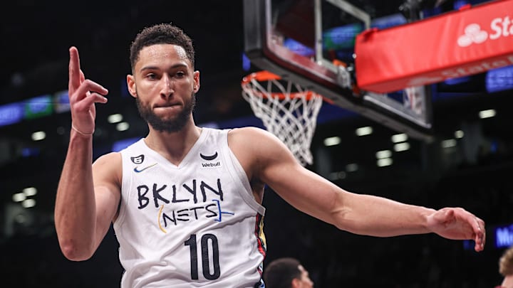 Feb 7, 2023; Brooklyn, New York, USA; Brooklyn Nets guard Ben Simmons (10) reacts after a basket against the Phoenix Suns during the first half at Barclays Center. Mandatory Credit: Vincent Carchietta-Imagn Images