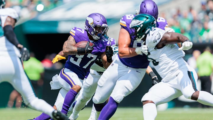 Minnesota Vikings running back Myles Gaskin (37) runs the ball against the Philadelphia Eagles during the second quarter at Lincoln Financial Field in Philadelphia on Aug. 24, 2024.