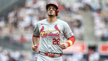 Sep 1, 2024; Bronx, New York, USA;  St. Louis Cardinals third baseman Nolan Arenado (28) at Yankee Stadium. Mandatory Credit: Wendell Cruz-Imagn Images