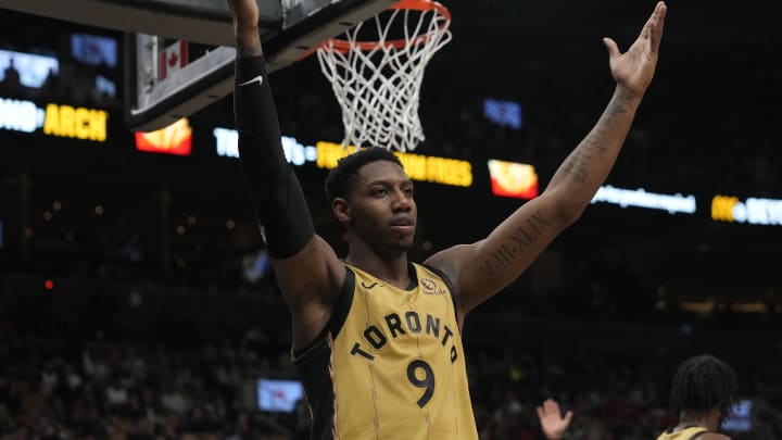 Apr 7, 2024; Toronto, Ontario, CAN; Toronto Raptors guard RJ Barrett (9)reacts after a play against the Washington Wizards during the first half at Scotiabank Arena. Mandatory Credit: John E. Sokolowski-USA TODAY Sports