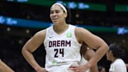 Atlanta Dream forward Jones reacts after a foul call against the Seattle Storm at Climate Pledge Arena. 
