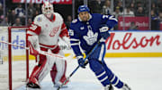 Nov 8, 2024; Toronto, Ontario, CAN; Toronto Maple Leafs forward Ryan Reaves (75) skates in front of Detroit Red Wings goaltender Cam Talbot (39) during the third period at Scotiabank Arena. Mandatory Credit: John E. Sokolowski-Imagn Images