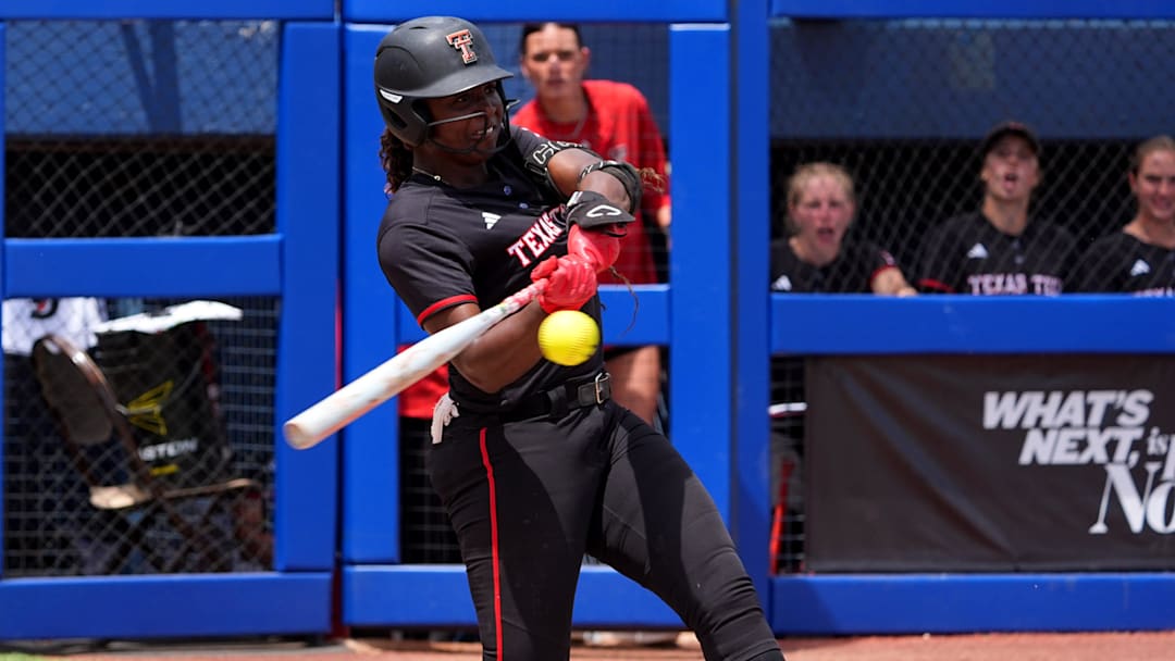 Texas Tech's NiJaree Canady (24) hits a fly ball during the 2025 Phillips 66 Big 12 Softball Championship game between Arizona Wildcats and Texas Tech Red Raiders at Devon Park in Oklahoma City, Saturday, May, 10, 2025.