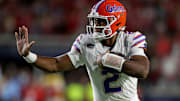 Nov 15, 2025; Oxford, Mississippi, USA; Florida Gators quarterback DJ Lagway (2) runs the ball during the first quarter against the Mississippi Rebels at Vaught-Hemingway Stadium. Mandatory Credit: Petre Thomas-Imagn Images