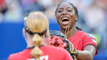 Texas Tech starting pitcher/relief pitcher NiJaree Canady (24) celebrates with teammates in the fourth inning during game 3 between Texas Tech and Ole Miss at the Women’s College World Series at Devon Park in Oklahoma City, on Thursday, May 29, 2025.