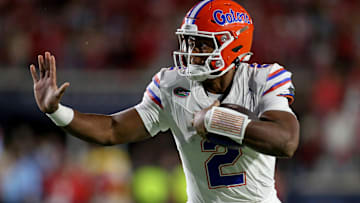 Nov 15, 2025; Oxford, Mississippi, USA; Florida Gators quarterback DJ Lagway (2) runs the ball during the first quarter against the Mississippi Rebels at Vaught-Hemingway Stadium. Mandatory Credit: Petre Thomas-Imagn Images