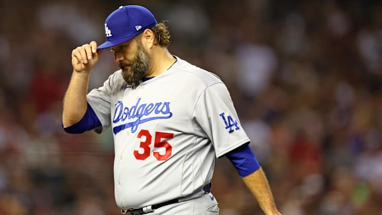 Oct 11, 2023; Phoenix, Arizona, USA; Los Angeles Dodgers starting pitcher Lance Lynn (35) prepares