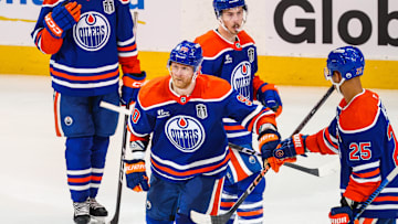 Edmonton Oilers right wing Corey Perry celebrates his goal against the Florida Panthers during the 2025 Stanley Cup Final