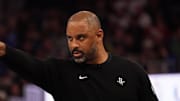 Nov 26, 2025; San Francisco, California, USA;  Houston Rockets head coach Ime Udoka directs his team against the Golden State Warriors in the third quarter at Chase Center. Mandatory Credit: David Gonzales-Imagn Images