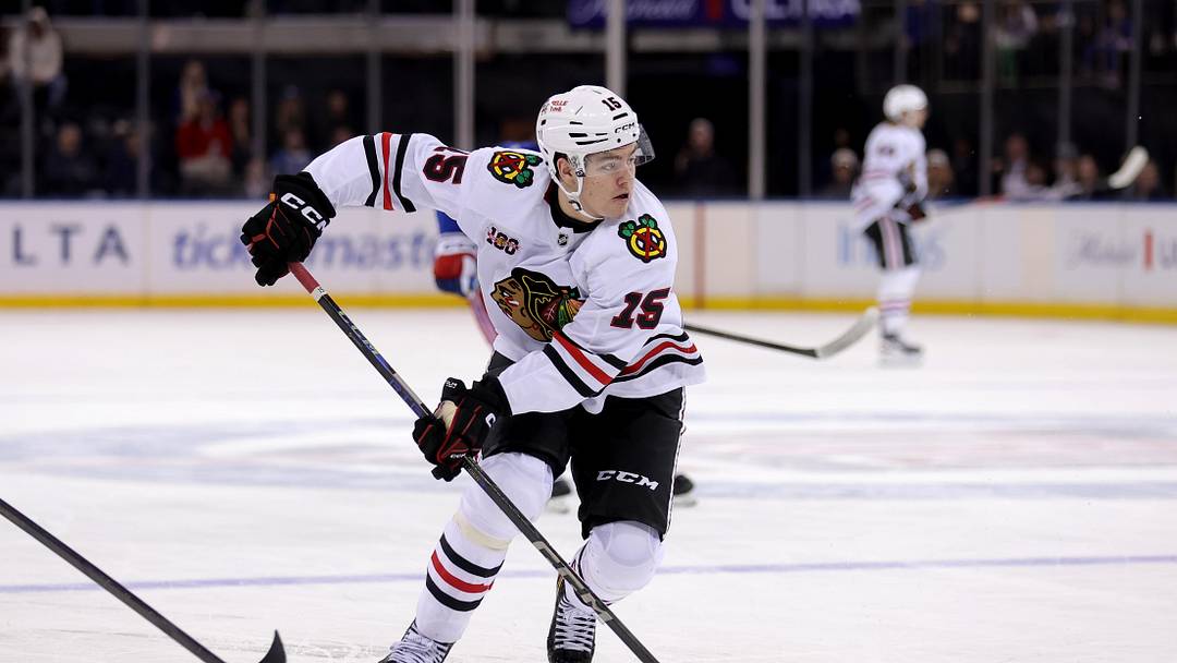 Mar 27, 2026; New York, New York, USA; Chicago Blackhawks center Anton Frondell (15) skates with the puck against the New York Rangers during the third period at Madison Square Garden. Mandatory Credit: Brad Penner-Imagn Images